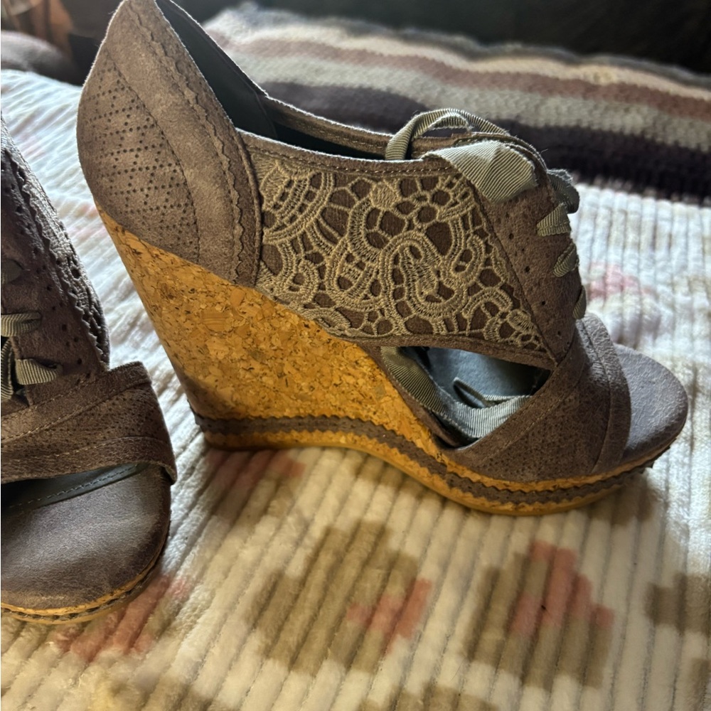 Women's Lace Accent Cork Wedge Sandals - Taupe - Picture 3 of 6